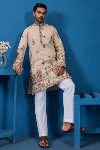 Beige viscose silk threads & sequence embroidered work kurta