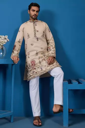 Beige viscose silk threads & sequence embroidered work kurta