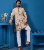 Beige viscose silk threads & sequence embroidered work kurta