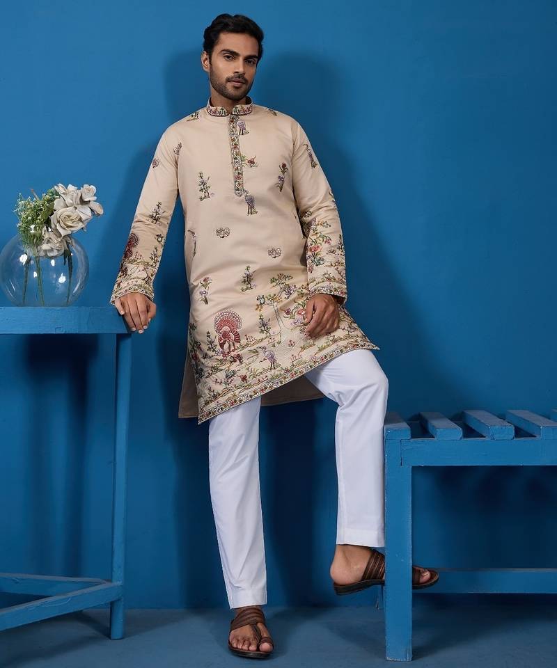 Beige viscose silk threads & sequence embroidered work kurta