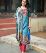 Floral printed blue round neck silk kurta with trouser & dupatta set