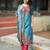 Floral printed blue round neck silk kurta with trouser & dupatta set