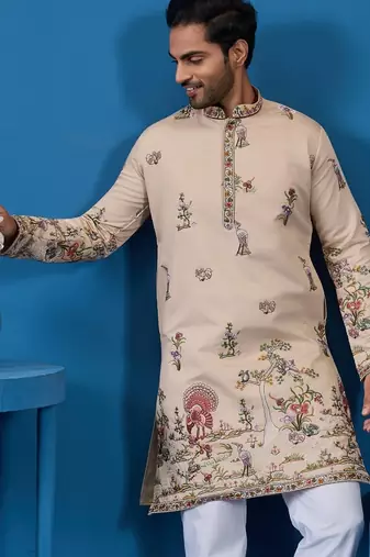 Beige viscose silk threads & sequence embroidered work kurta