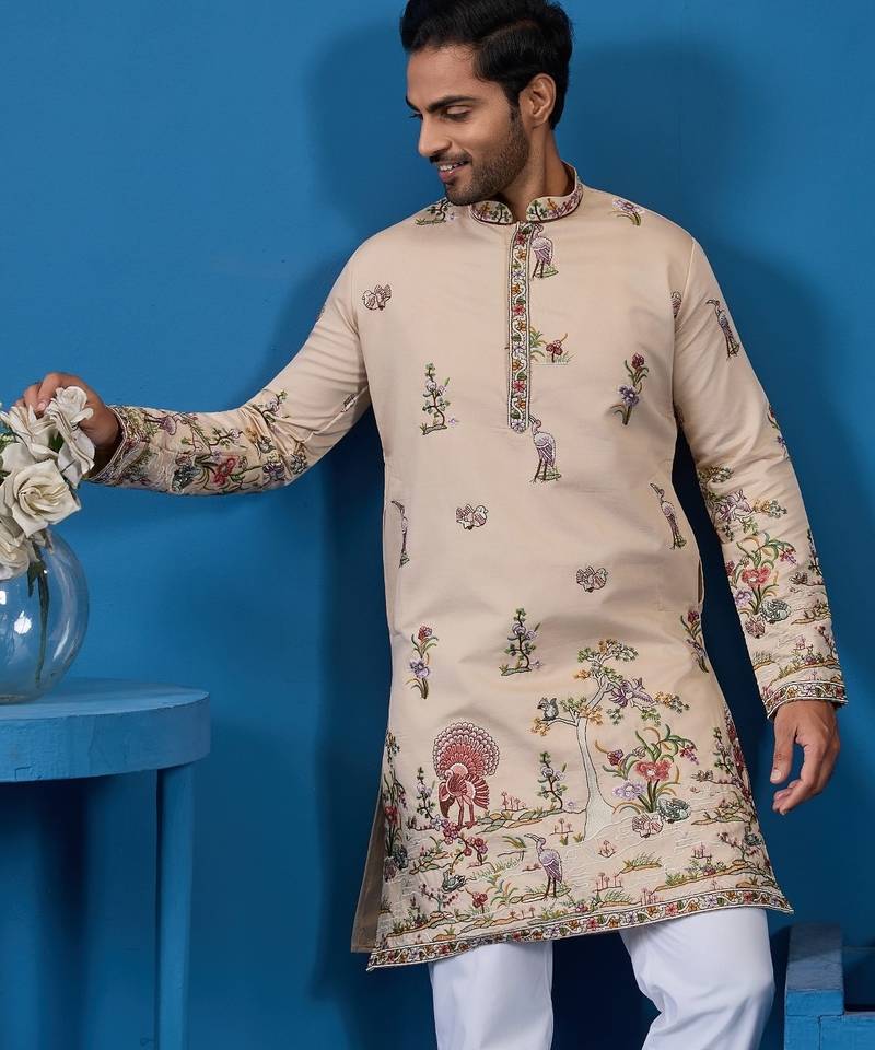 Beige viscose silk threads & sequence embroidered work kurta