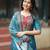Floral printed blue round neck silk kurta with trouser & dupatta set