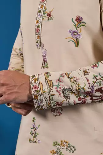 Beige viscose silk threads & sequence embroidered work kurta