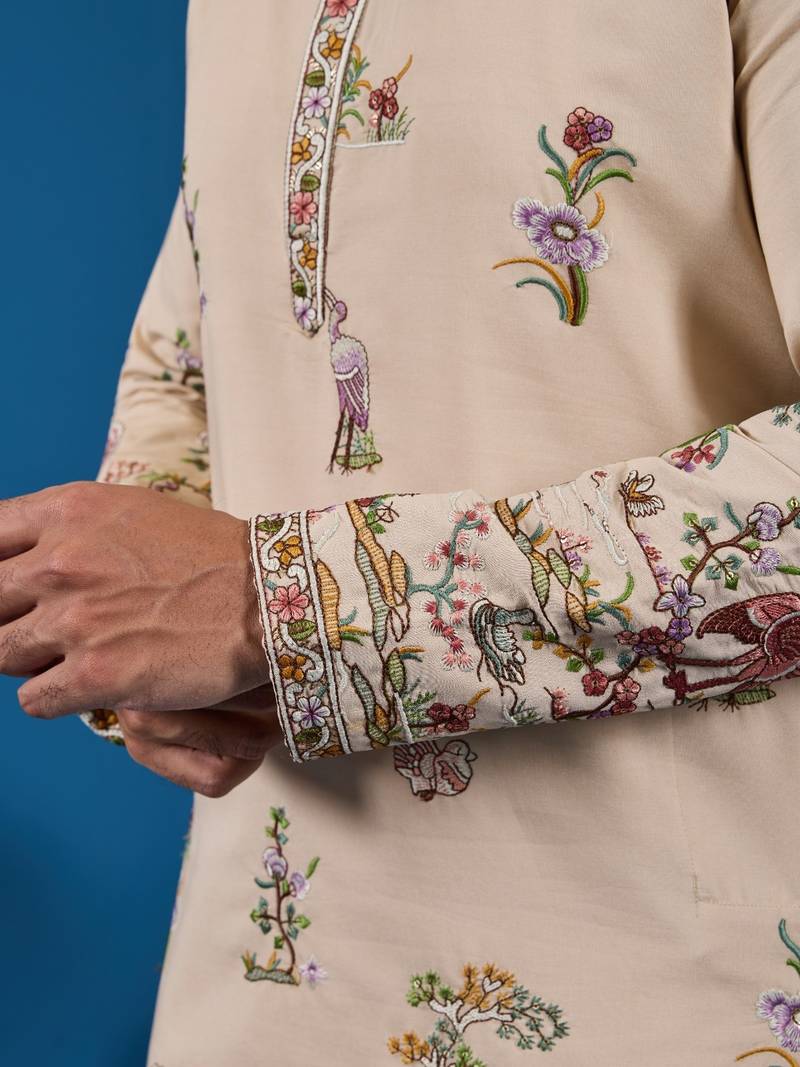 Beige viscose silk threads & sequence embroidered work kurta