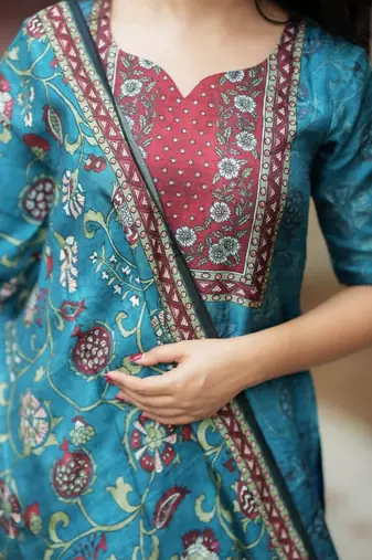 Floral printed blue round neck silk blend kurta with trouser & dupatta set