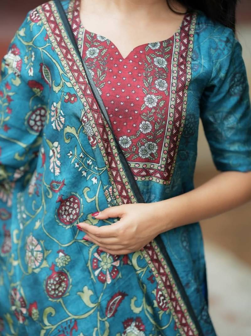 Floral printed blue round neck silk kurta with trouser & dupatta set