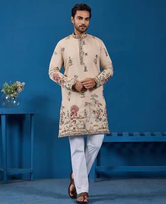 Beige viscose silk threads & sequence embroidered work kurta 4