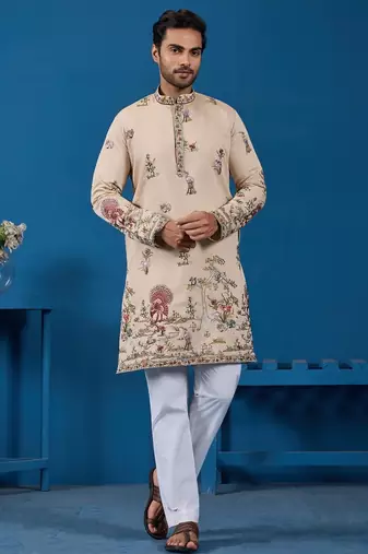 Beige viscose silk threads & sequence embroidered work kurta