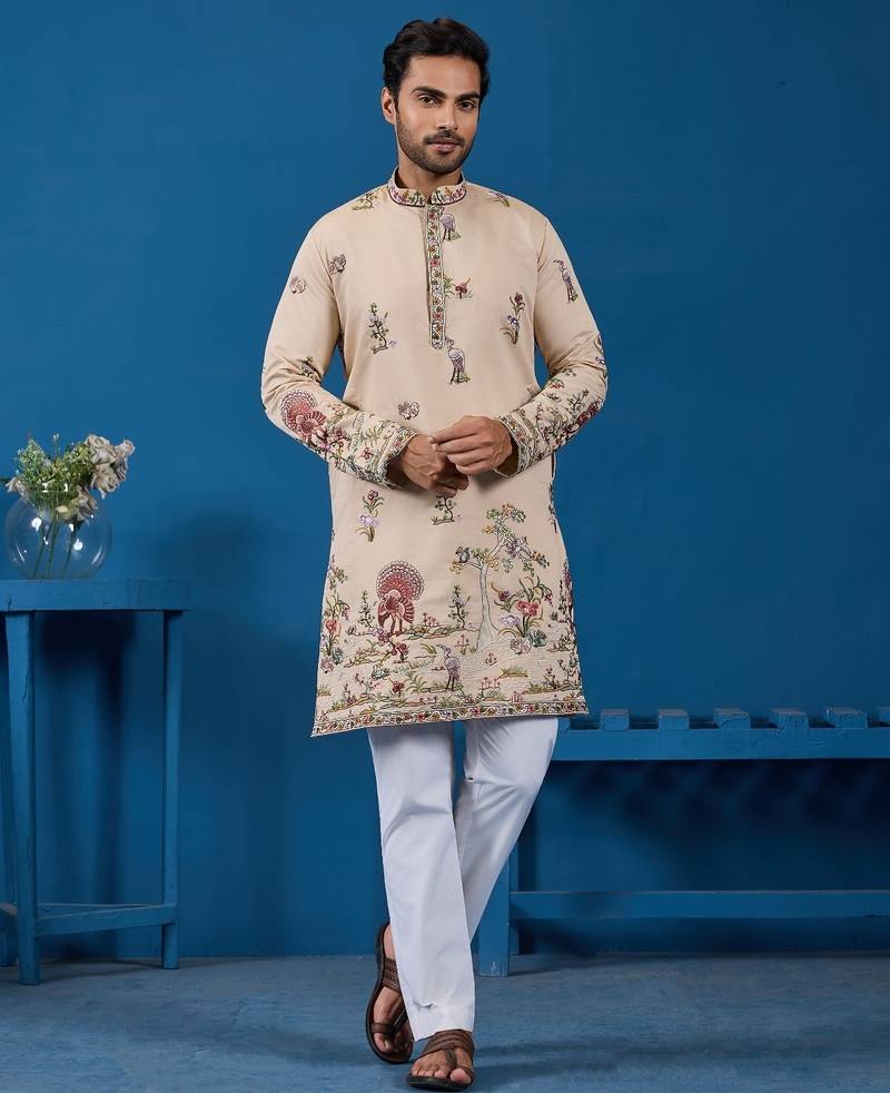 Beige viscose silk threads & sequence embroidered work kurta