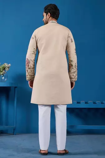 Beige viscose silk threads & sequence embroidered work kurta