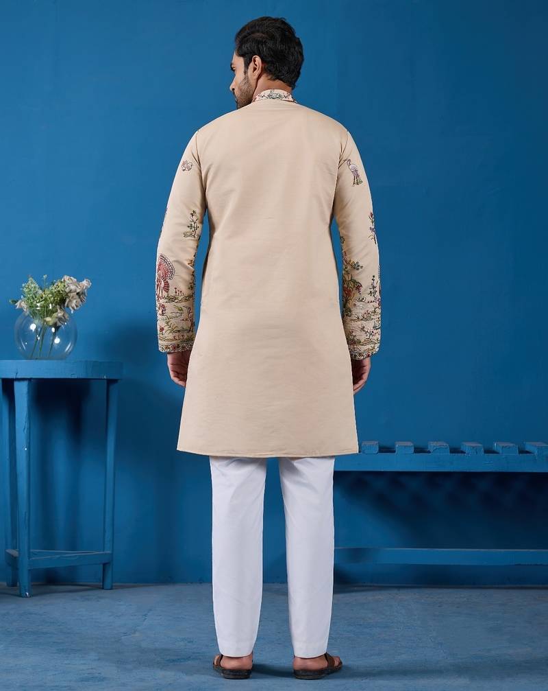 Beige viscose silk threads & sequence embroidered work kurta