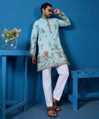 Sky blue viscose silk threads & sequence embroidered work kurta 1