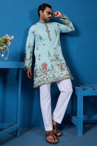 Sky blue viscose silk threads & sequence embroidered work kurta