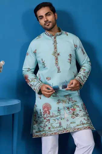 Sky blue viscose silk threads & sequence embroidered work kurta