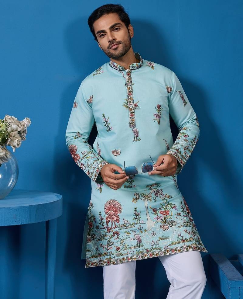 Sky blue viscose silk threads & sequence embroidered work kurta