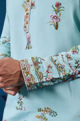 Sky blue viscose silk threads & sequence embroidered work kurta