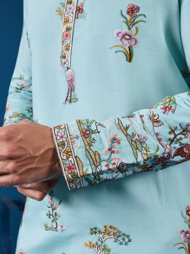 Sky blue viscose silk threads & sequence embroidered work kurta
