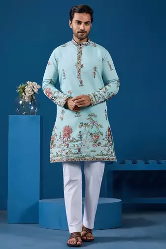 Sky blue viscose silk threads & sequence embroidered work kurta
