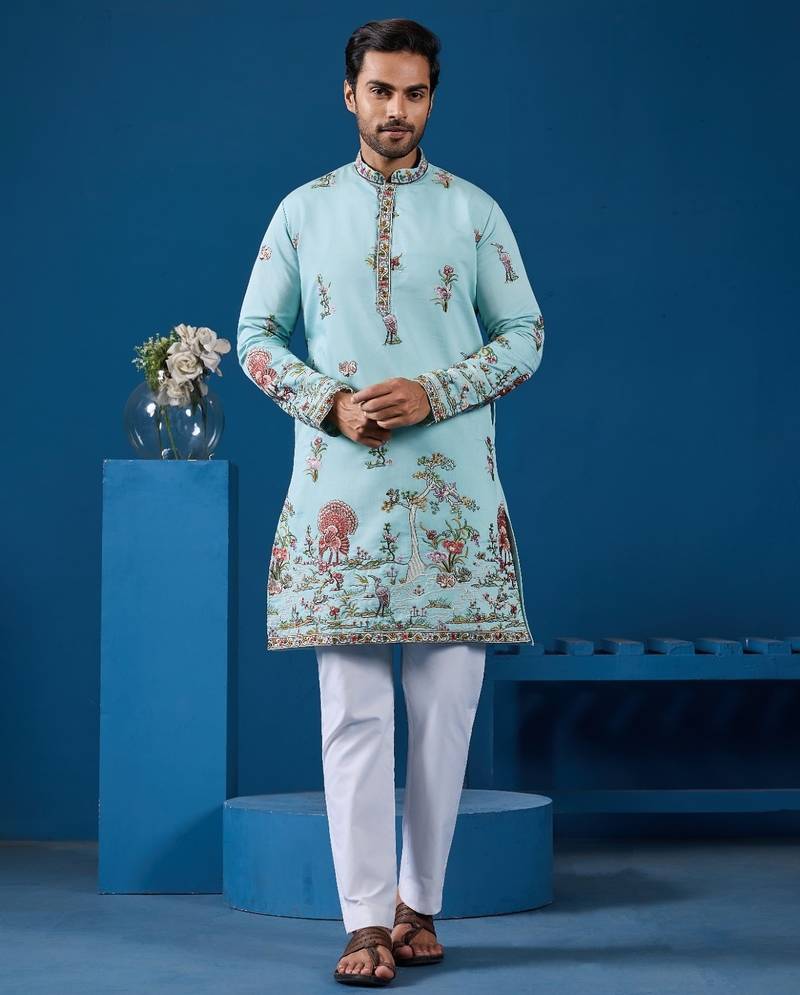 Sky blue viscose silk threads & sequence embroidered work kurta