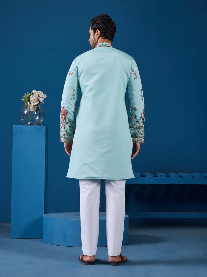 Sky blue viscose silk threads & sequence embroidered work kurta