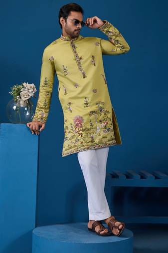 Yellow viscose silk threads & sequence embroidered work kurta
