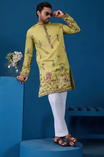 Yellow viscose silk threads & sequence embroidered work kurta