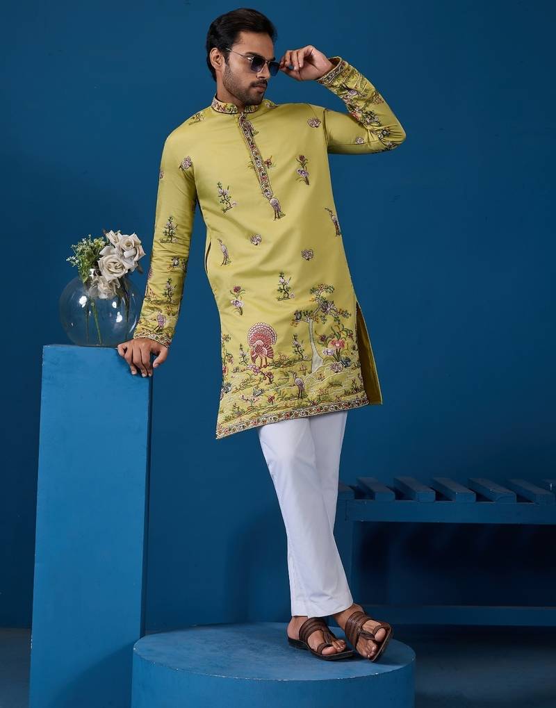 Yellow viscose silk threads & sequence embroidered work kurta