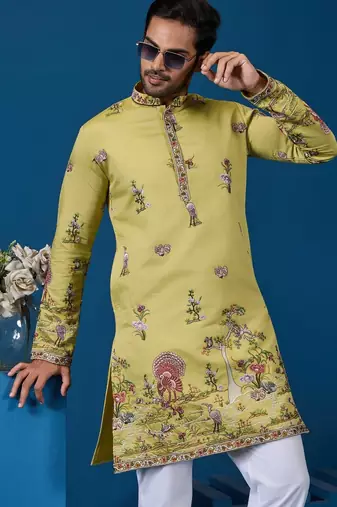 Yellow viscose silk threads & sequence embroidered work kurta