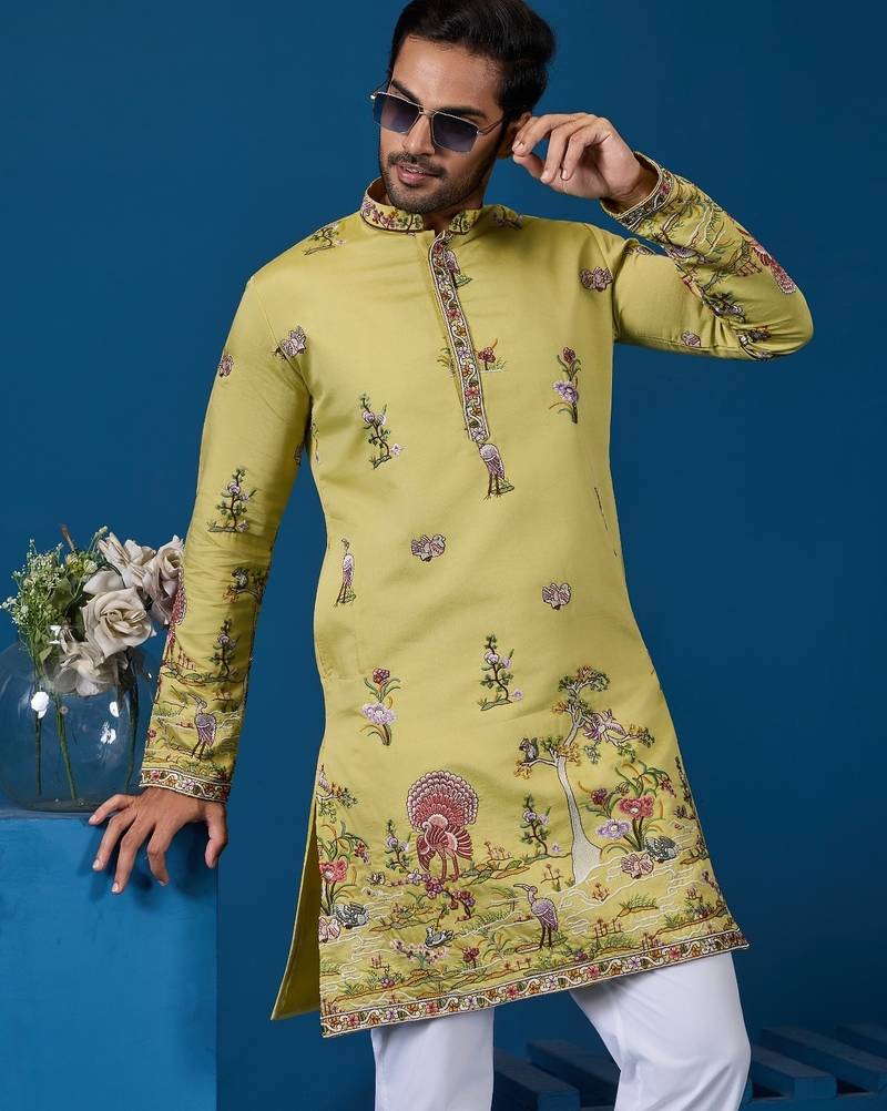 Yellow viscose silk threads & sequence embroidered work kurta