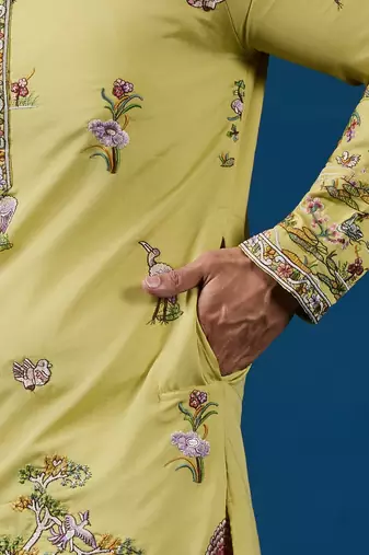 Yellow viscose silk threads & sequence embroidered work kurta