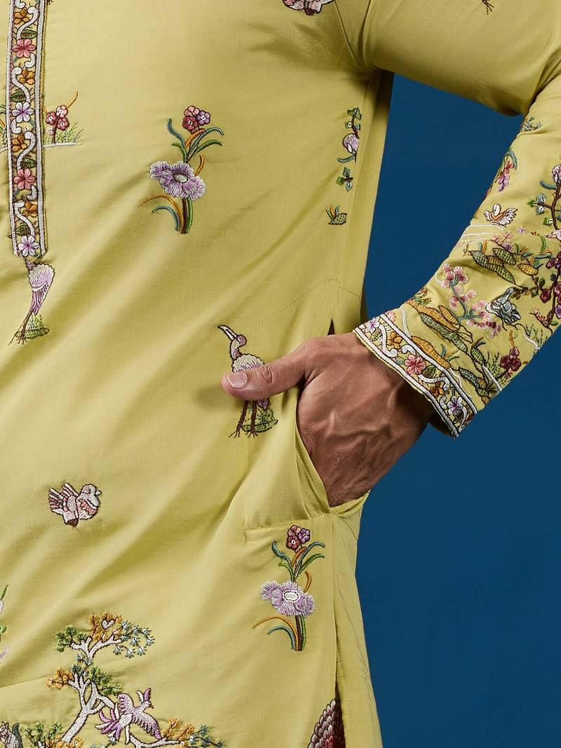 Yellow viscose silk threads & sequence embroidered work kurta