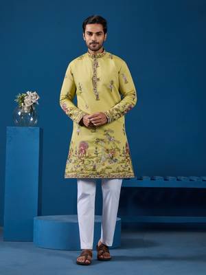 Yellow viscose silk threads & sequence embroidered work kurta 4