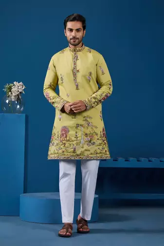 Yellow viscose silk threads & sequence embroidered work kurta
