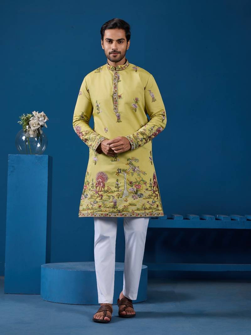 Yellow viscose silk threads & sequence embroidered work kurta
