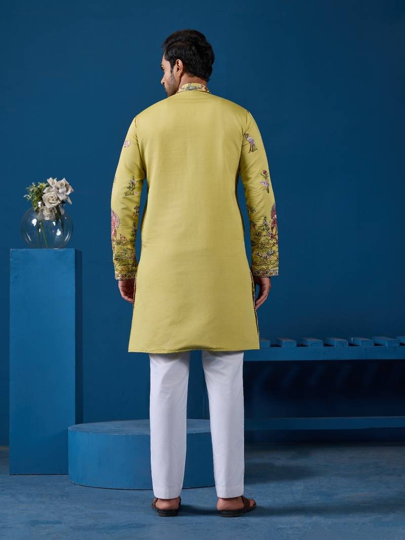 Yellow viscose silk threads & sequence embroidered work kurta
