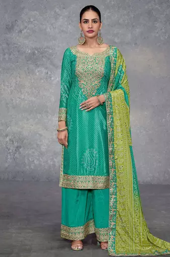 bandhani printed aqua blue palazzo suit for women wear-Full Stitched free size