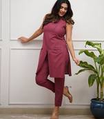 Floral printed maroon v neck cotton kurta & trouser