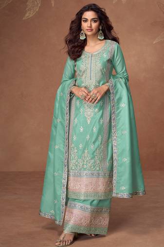 heavy embroidery worked light blue long salwar suit set for women wedding wear-Full Stitched free size