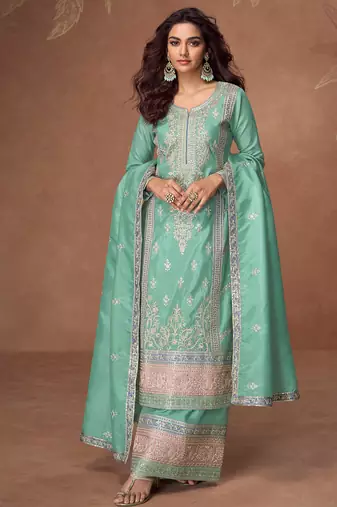heavy embroidery worked light blue long salwar suit set for women wedding wear-Full Stitched free size