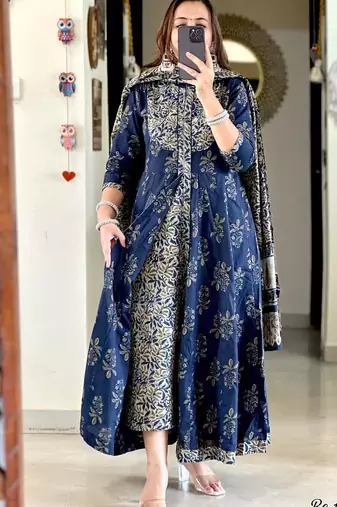 Floral embroidered blue round neck cotton kurta with trouser & dupatta set