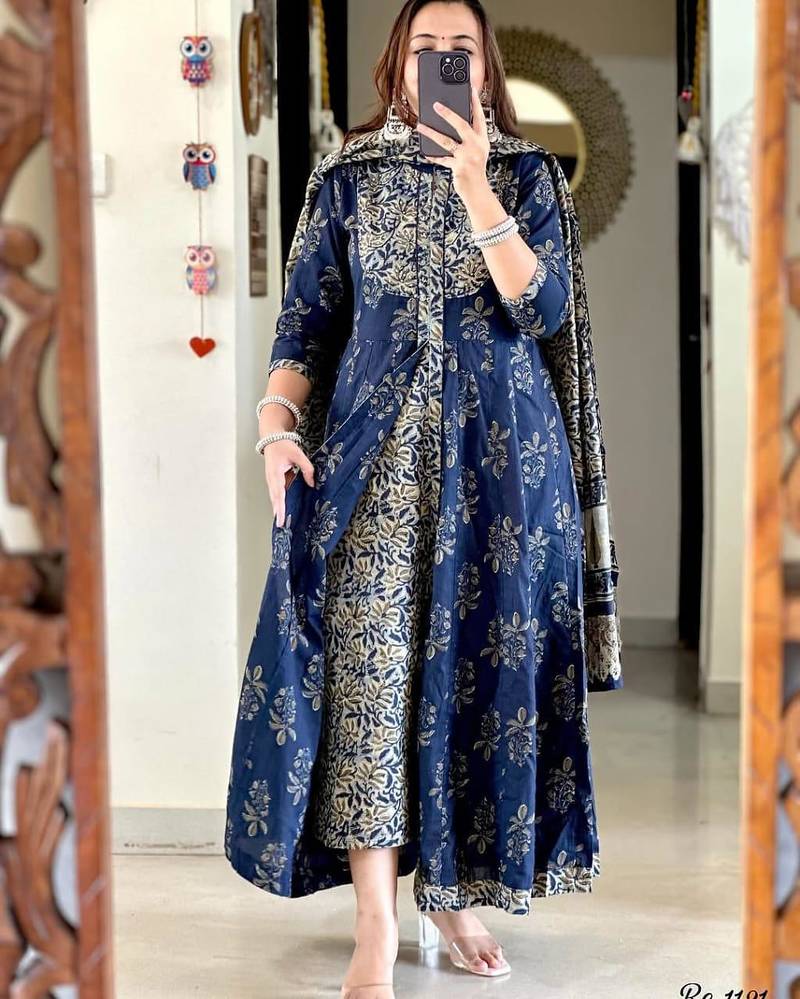 Floral embroidered blue round neck cotton kurta with trouser & dupatta set