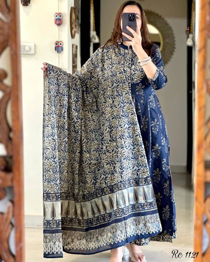 Floral embroidered blue round neck cotton kurta with trouser & dupatta set
