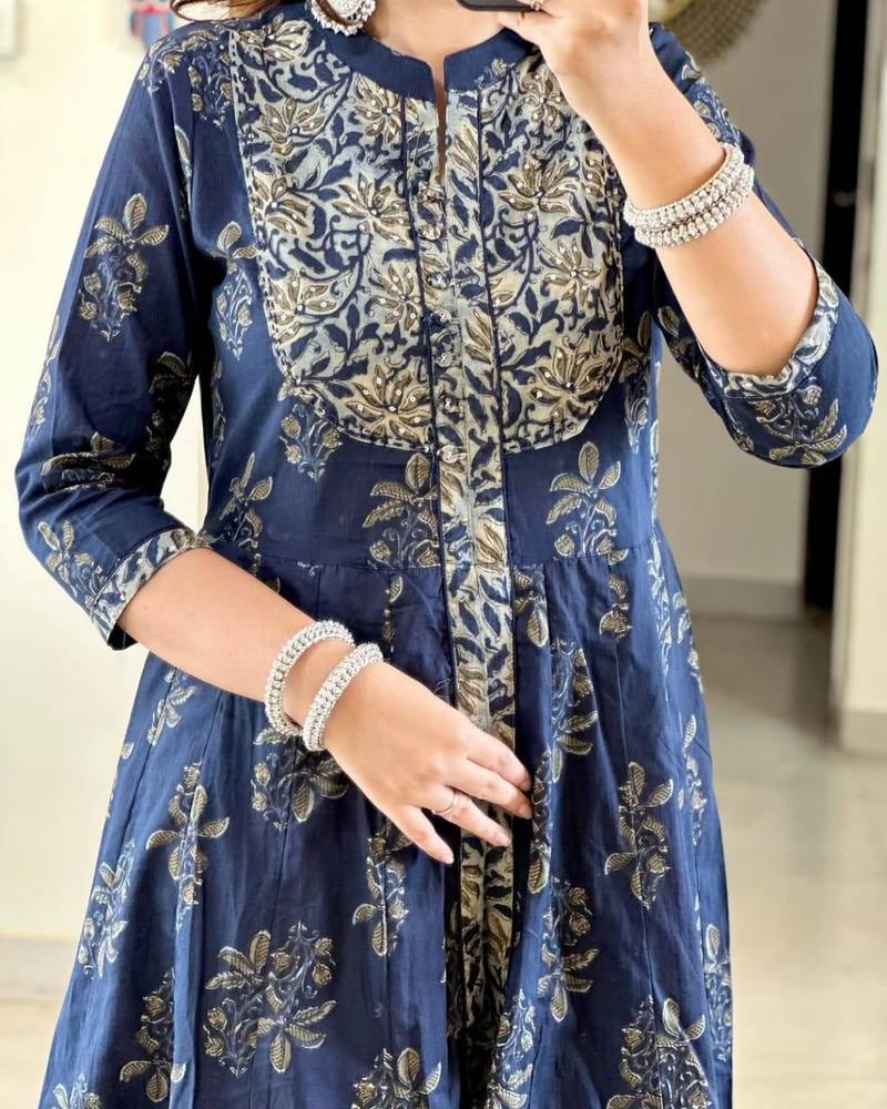 Floral embroidered blue round neck cotton kurta with trouser & dupatta set