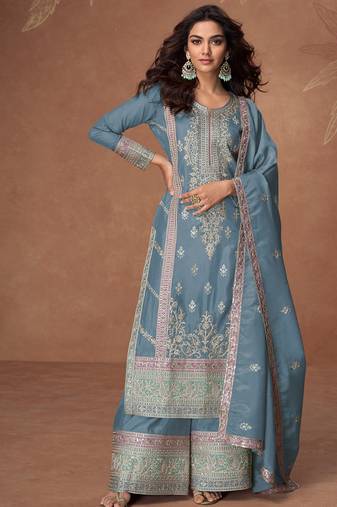 heavy embroidery worked baby blue long salwar suit set for women wedding wear-Full Stitched free size