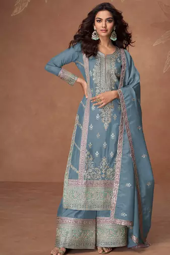 heavy embroidery worked baby blue long salwar suit set for women wedding wear-Full Stitched free size
