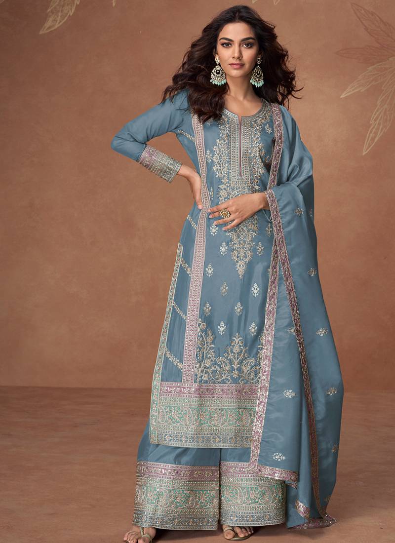 heavy embroidery worked baby blue long salwar suit set for women wedding wear