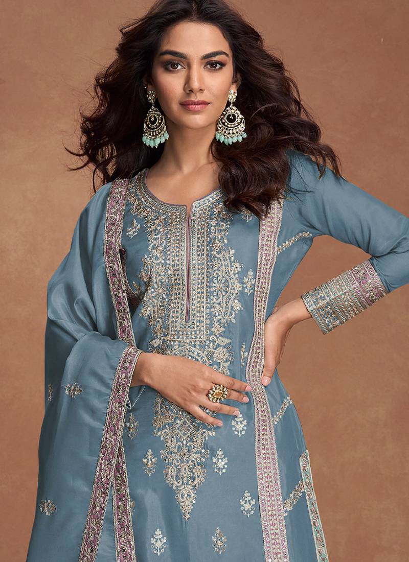 heavy embroidery worked baby blue long salwar suit set for women wedding wear